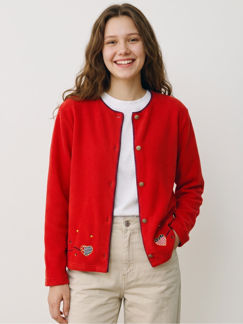 Vintage Jason Maxwell Red Fleece Cardigan Jacket Americana Patriotic USA